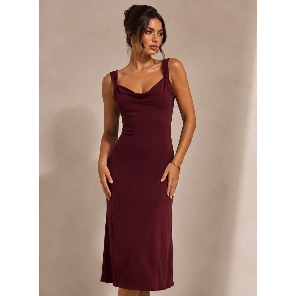Oh Polly Burgundy Midi Dress with Bow Back - Picture 2 of 7
